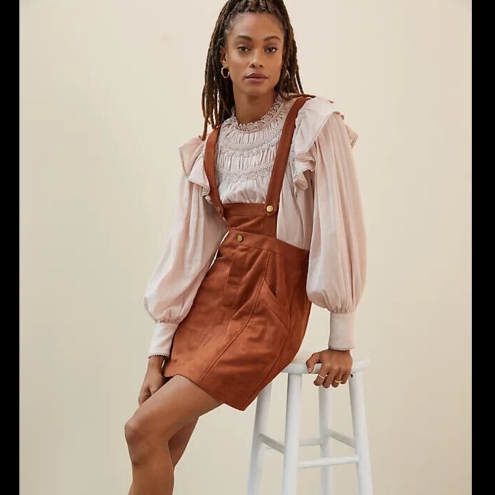 Anthropologie Faux Suede Skirt Pinafore Brown Overalls Faux Leather